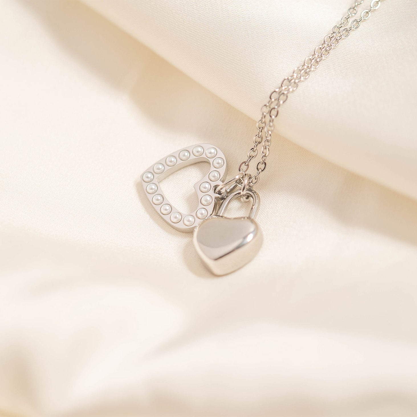 Stainless Steel Heart Padlock Charm with Heart Charm