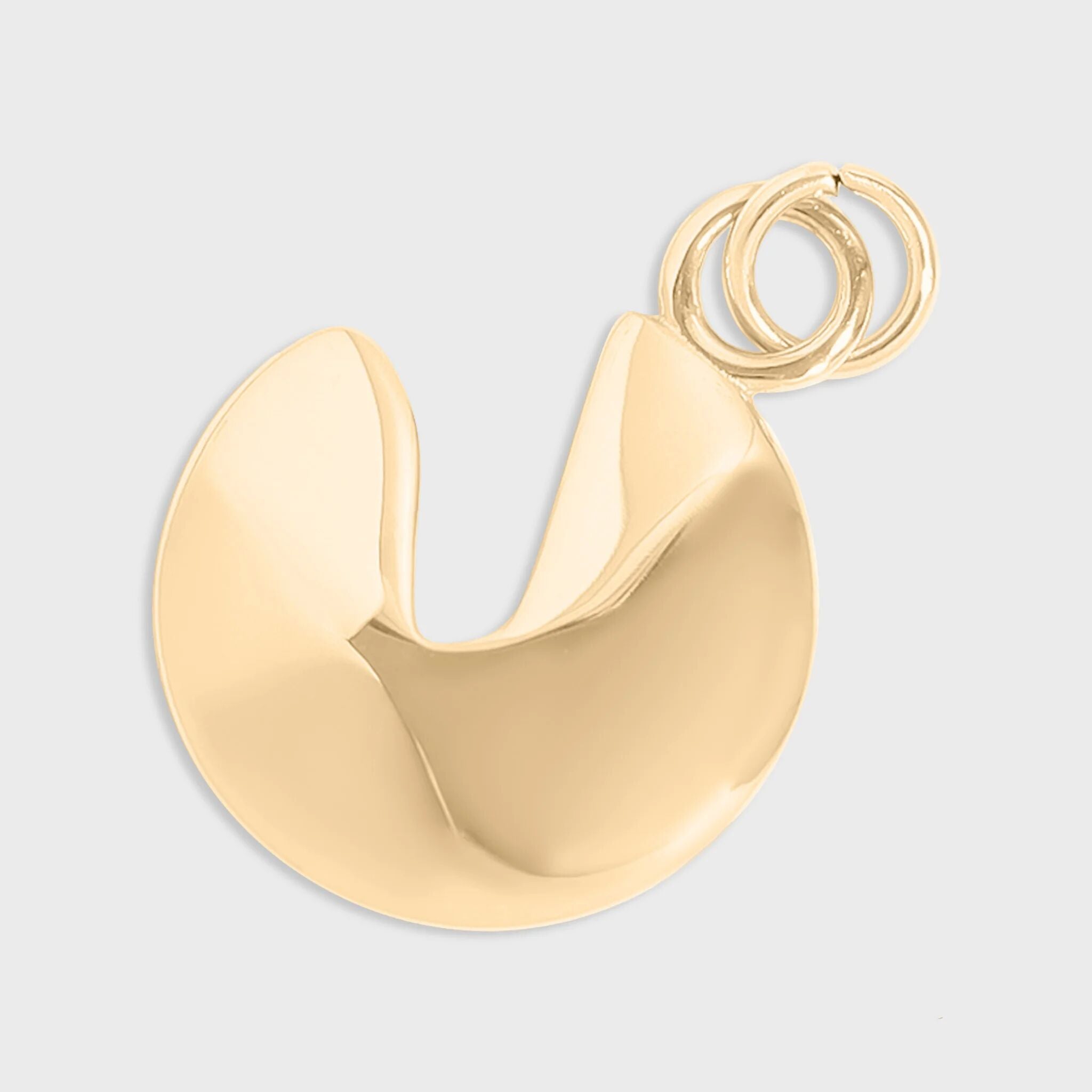 Gold fortune cookie charm on a light gray background
