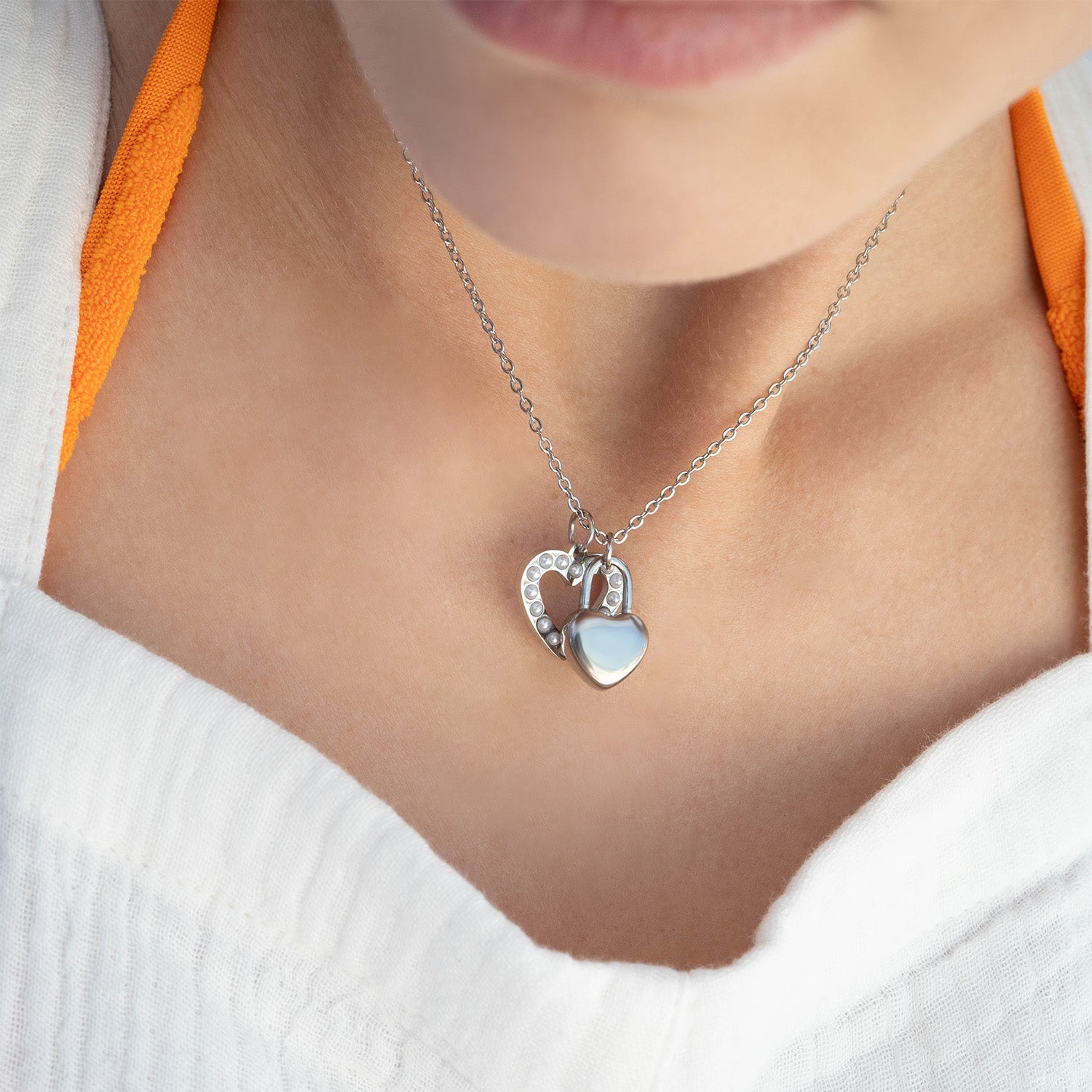 Stainless Steel Heart Padlock Charm with Heart Charm