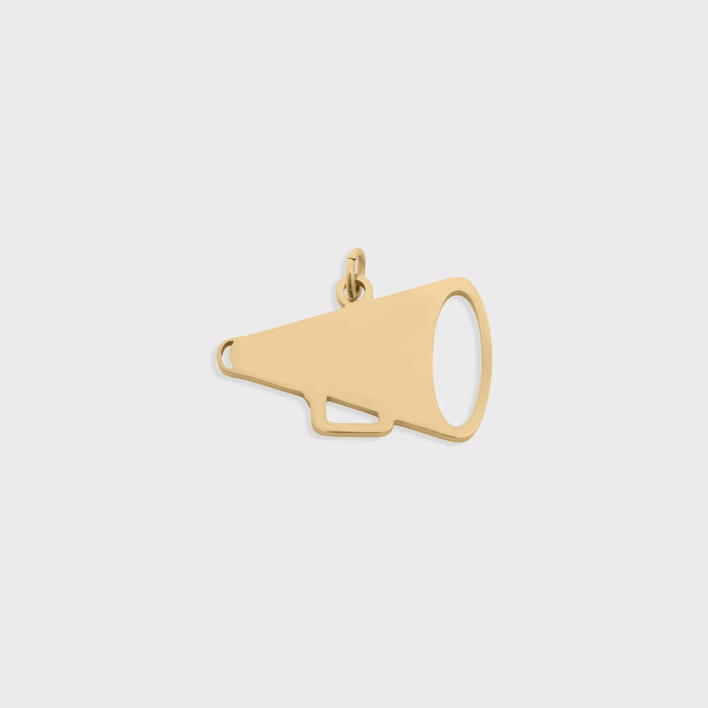 Gold megaphone pendant on a light gray background