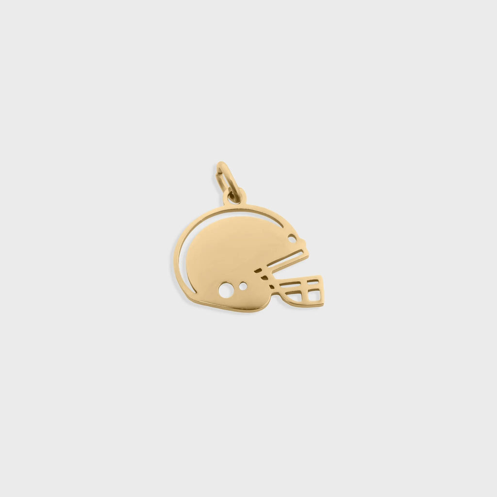 Gold helmet-shaped pendant on a light gray background