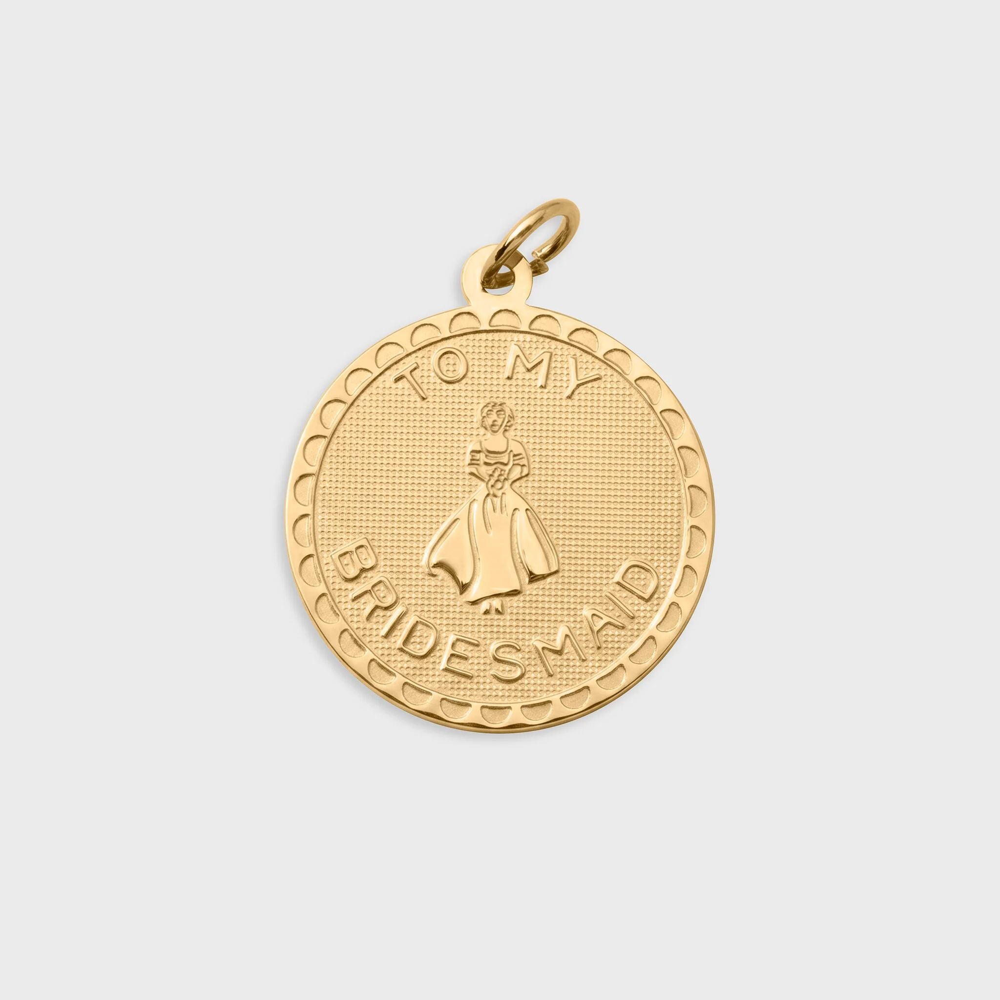 Gold pendant with 'To My Bridesmaid' text on a light gray background