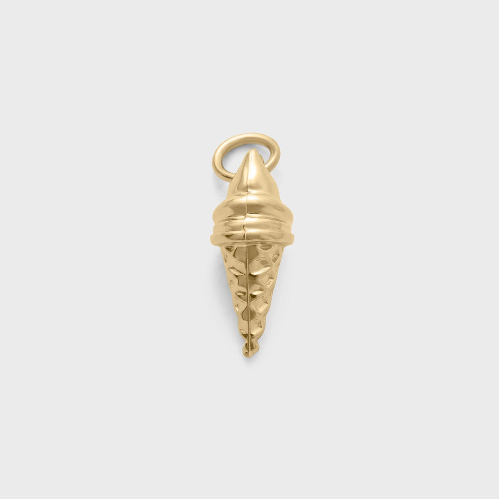 Gold ice cream cone-shaped pendant on a light gray background