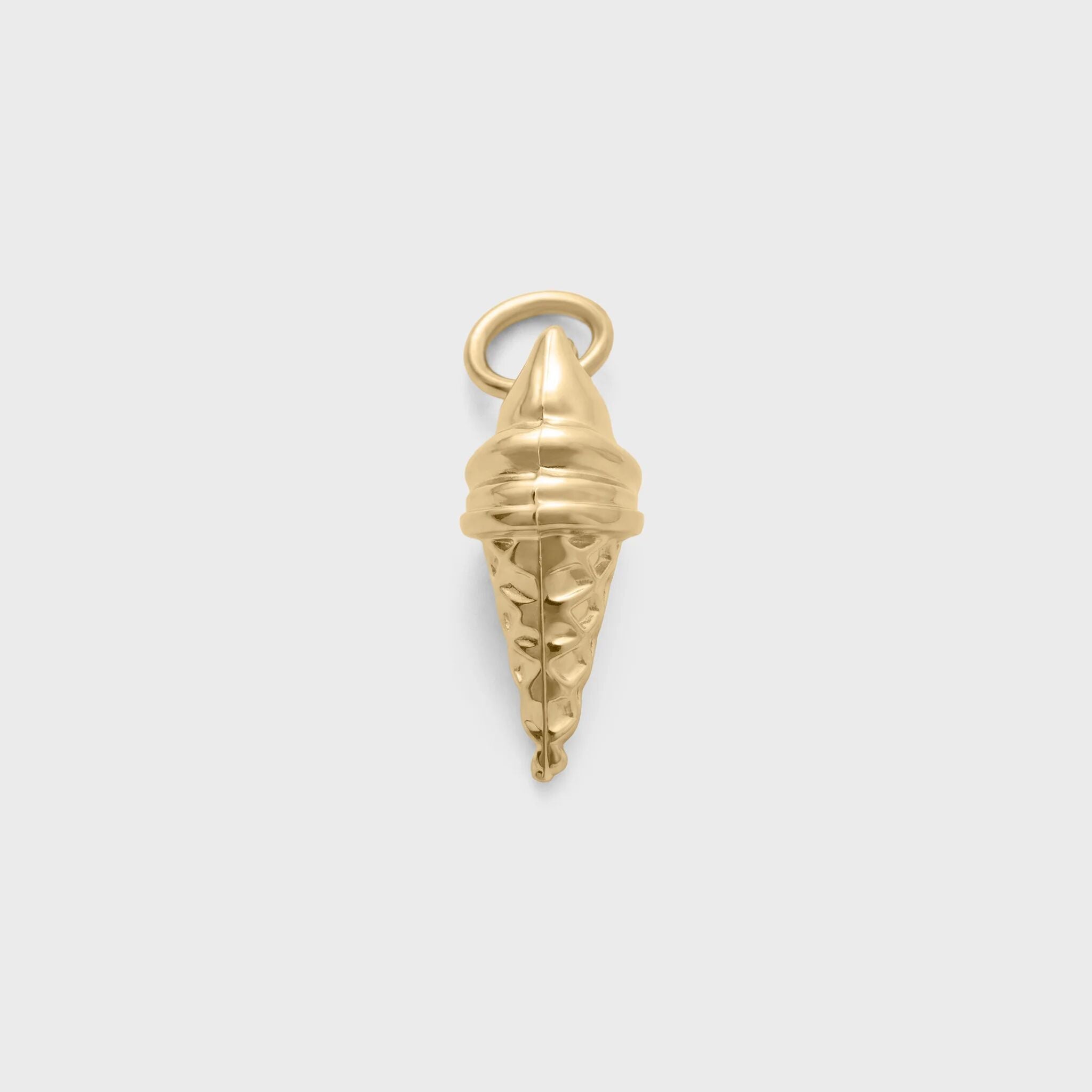 Gold ice cream cone-shaped pendant on a light gray background