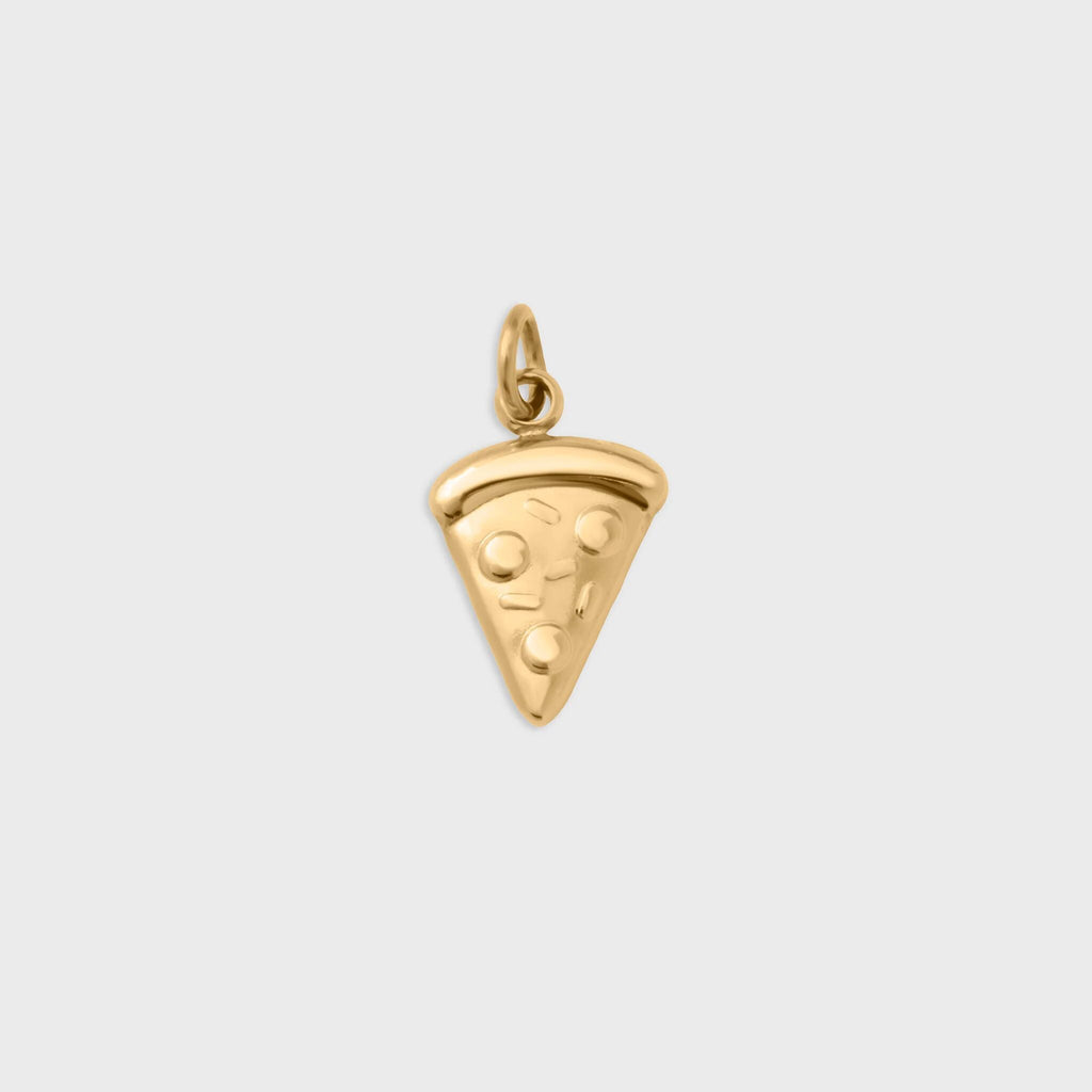 Gold pizza slice pendant on a light gray background