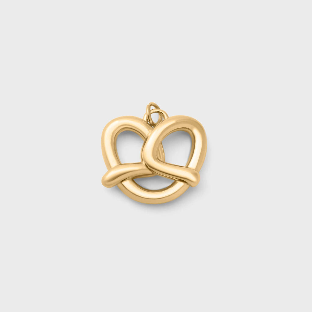 Gold pretzel pendant on a light gray background