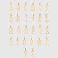 Gold letter pendants from A to Z on a light gray background