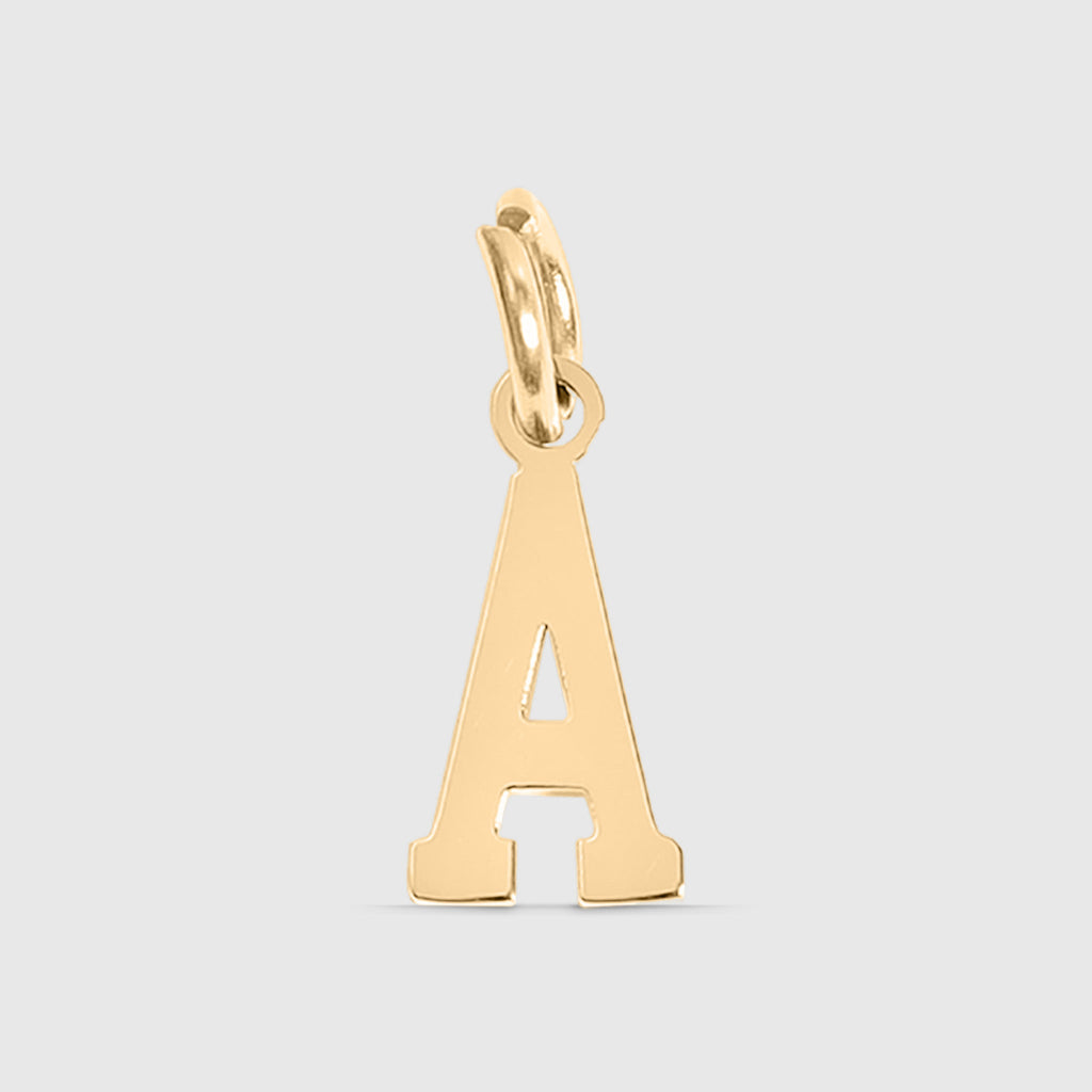 Gold letter 'A' pendant on a light gray background