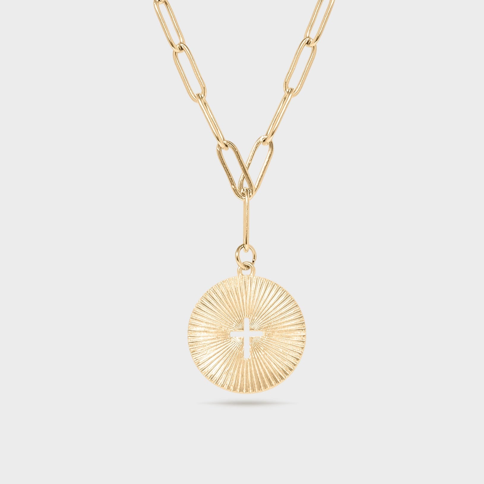 Sunburst Cross Paperclip Charm Necklace