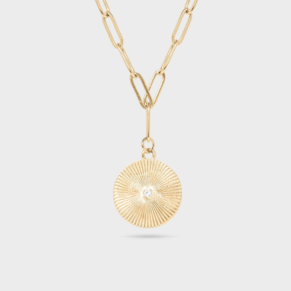 Sunburst CZ Medallion Paperclip Charm Necklace