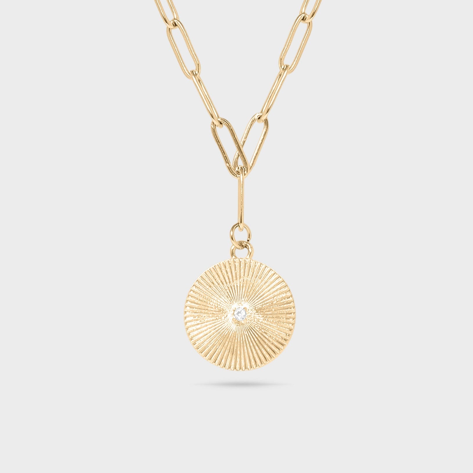 Sunburst CZ Medallion Paperclip Charm Necklace