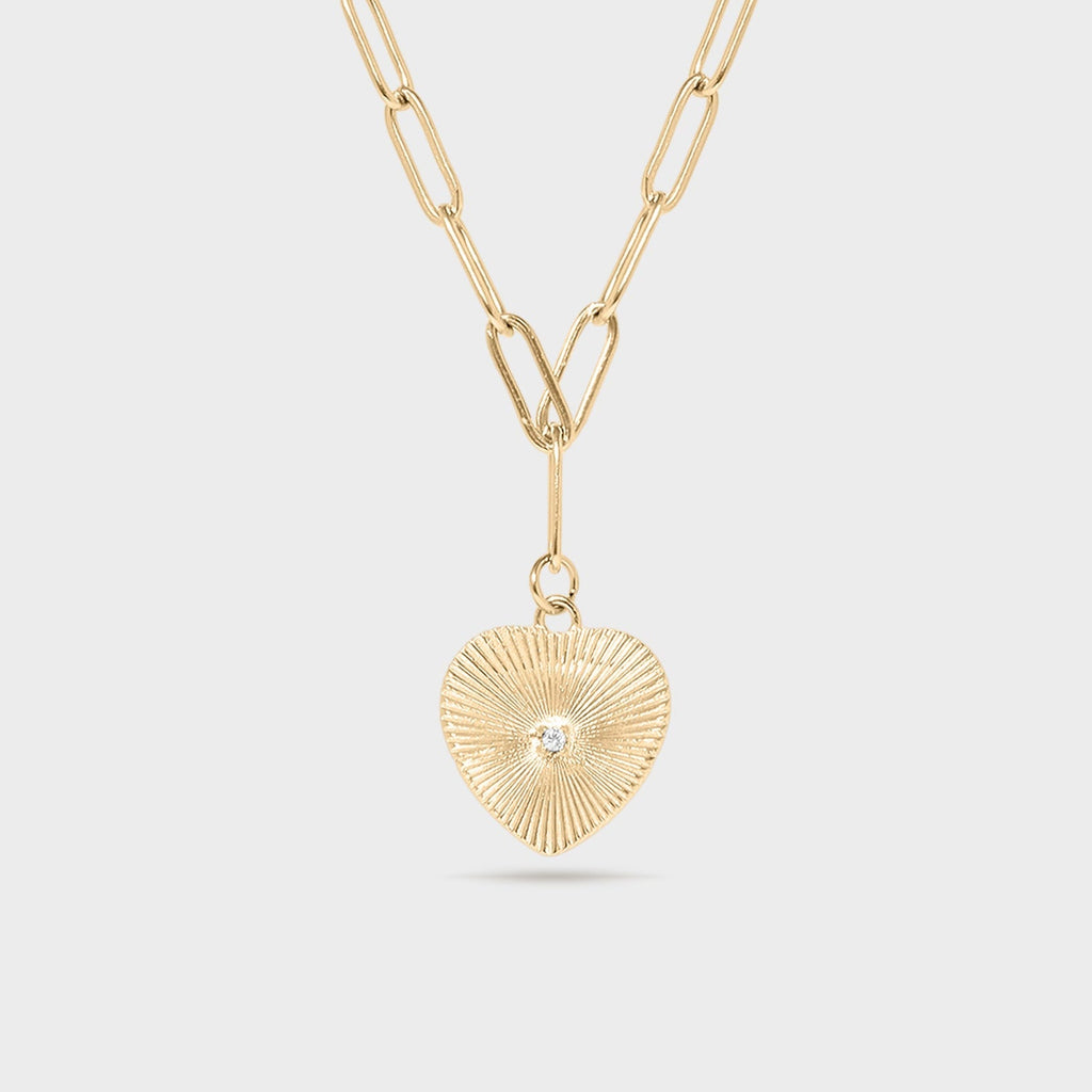 Sunburst CZ Heart Paperclip Charm Necklace