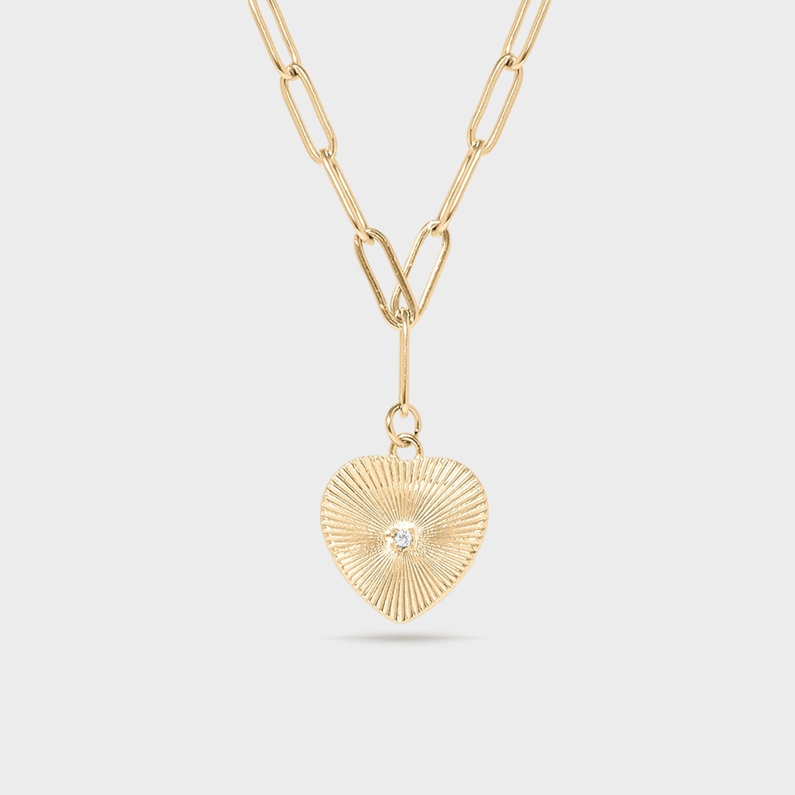 Sunburst CZ Heart Paperclip Charm Necklace