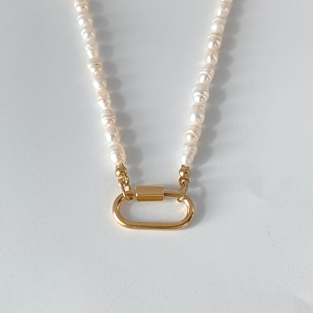 Ayla Clasp Necklace in gold tone featuring pearl accent, product image 2