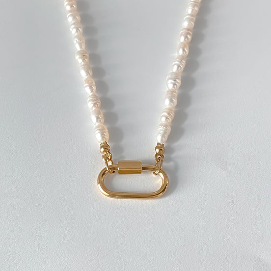 Ayla Clasp Necklace in gold tone featuring pearl accent, product image 2
