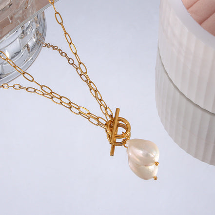 Pearl Toggle Link Necklace — Gold Tone in gold tone featuring pearl accent, product image 13
