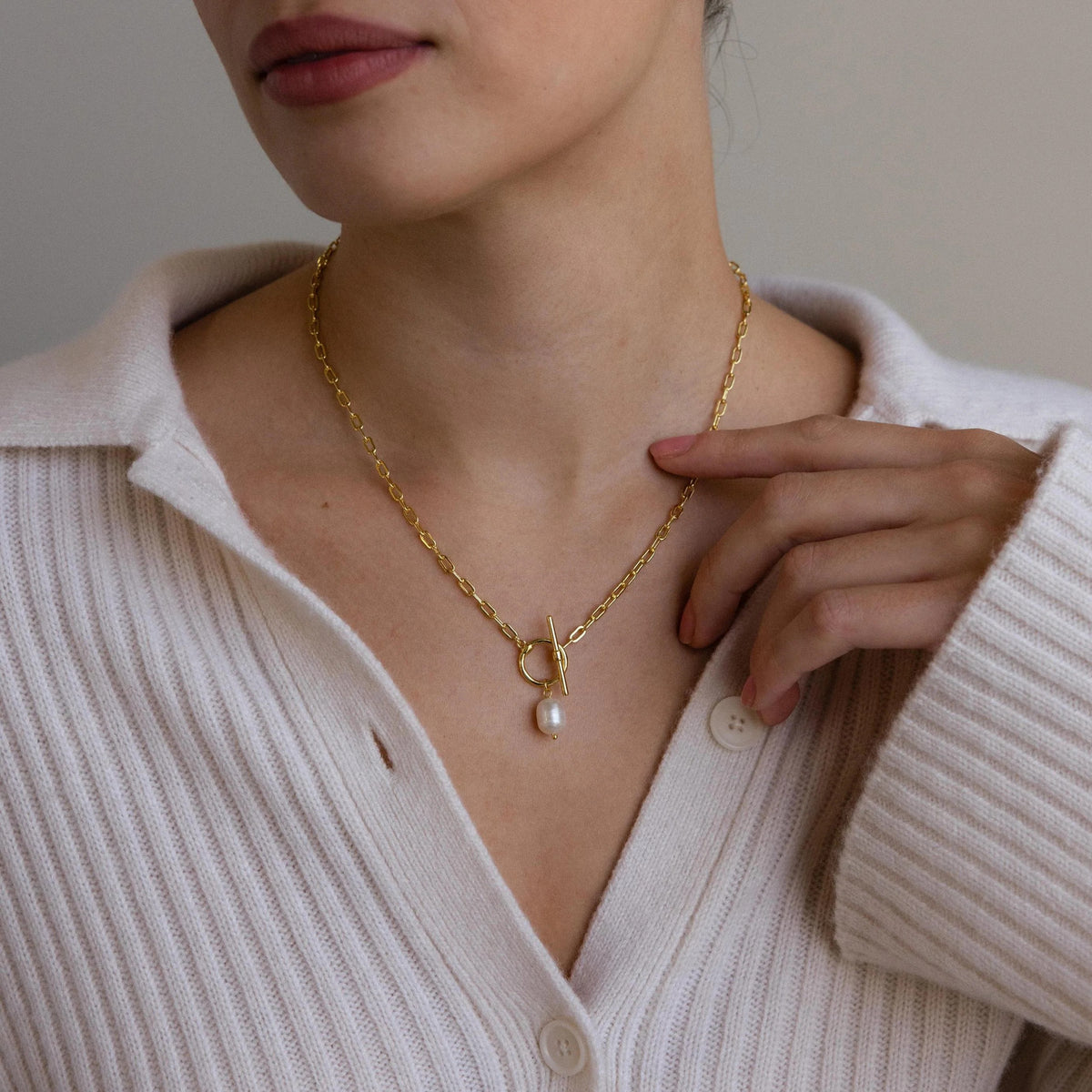 Pearl Toggle Link Necklace — Gold Tone in gold tone featuring pearl accent, product image 3