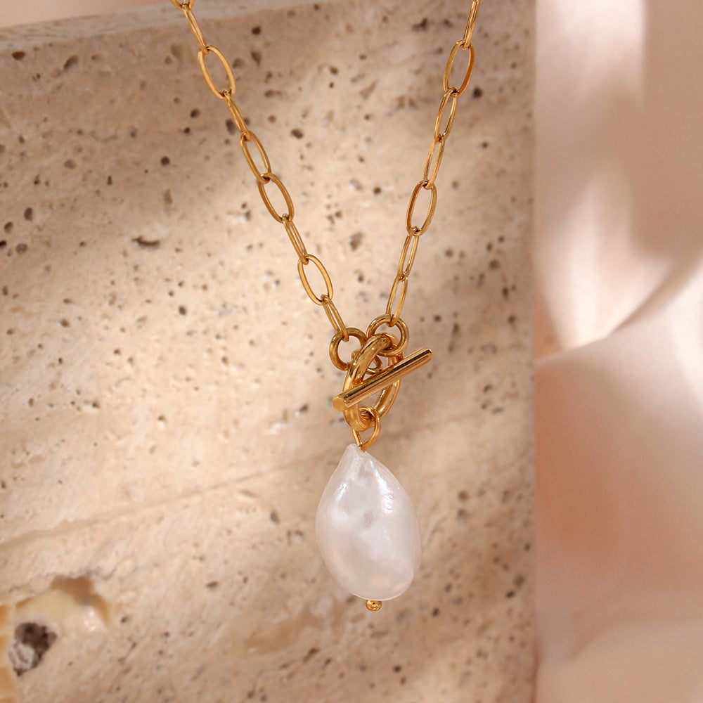 Pearl Toggle Link Necklace — Gold Tone in gold tone featuring pearl accent, product image 7