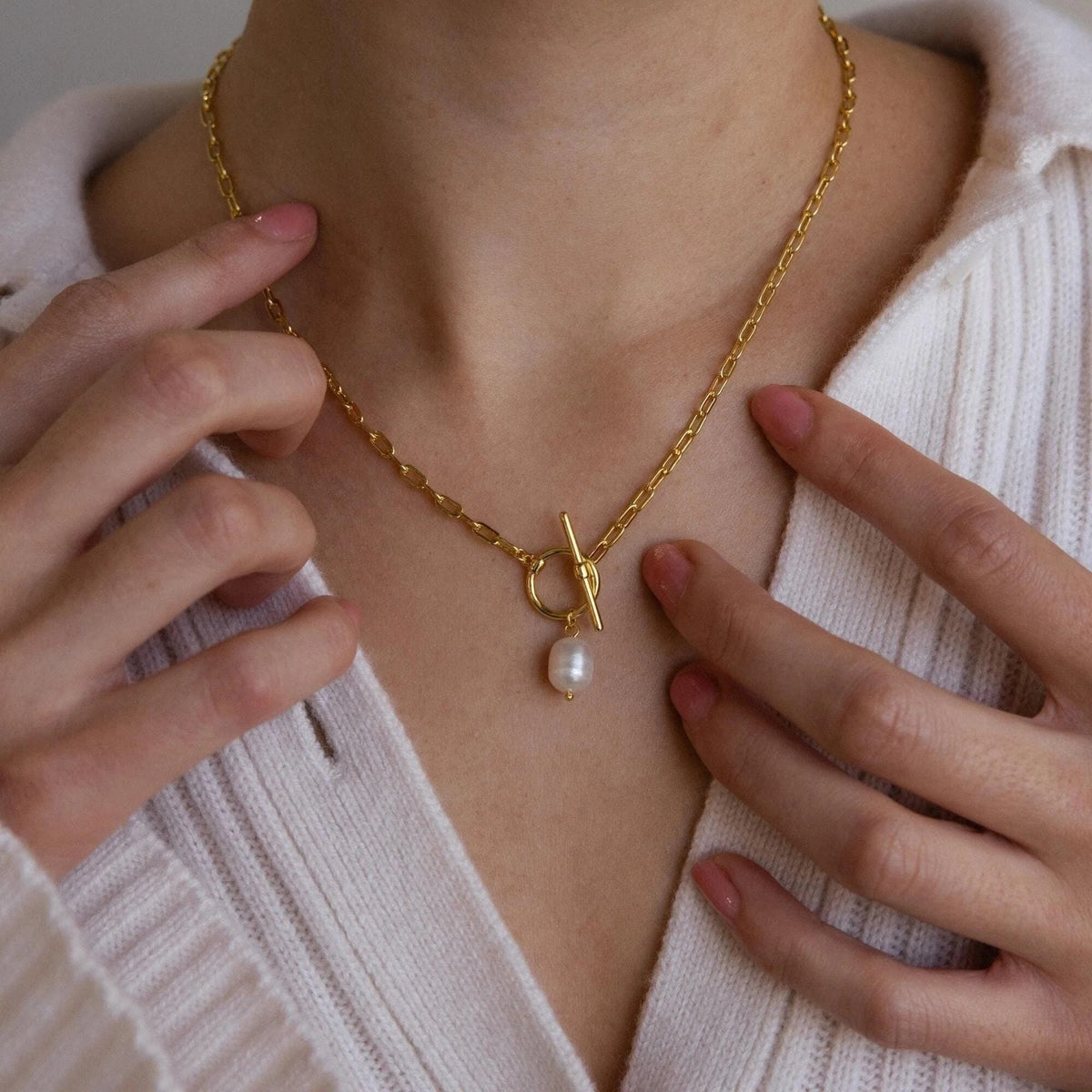 Pearl Toggle Link Necklace — Gold Tone in gold tone featuring pearl accent, product image 12