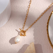 Pearl Toggle Link Necklace — Gold Tone in gold tone featuring pearl accent, product image 8