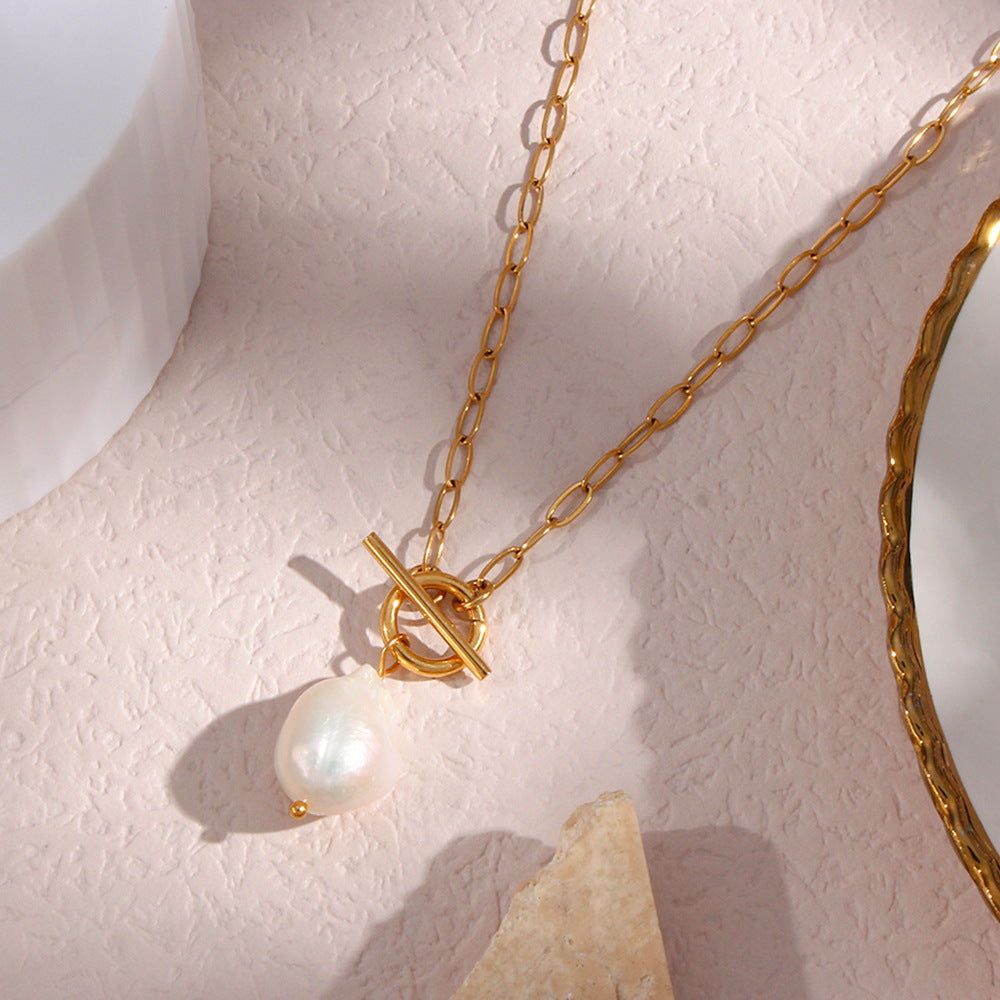 Pearl Toggle Link Necklace — Gold Tone in gold tone featuring pearl accent, product image 8