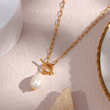Pearl Toggle Link Necklace — Gold Tone in gold tone featuring pearl accent, product image 8