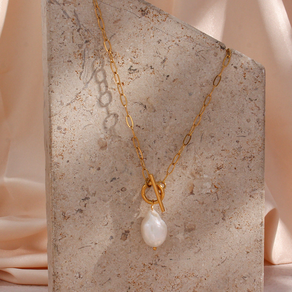 Pearl Toggle Link Necklace — Gold Tone in gold tone featuring pearl accent, product image 9