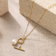 Pearl Toggle Link Necklace — Gold Tone in gold tone featuring pearl accent, product image 4