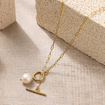 Pearl Toggle Link Necklace — Gold Tone in gold tone featuring pearl accent, product image 4