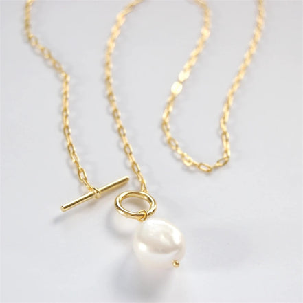 Pearl Toggle Link Necklace — Gold Tone in gold tone featuring pearl accent, product image 2