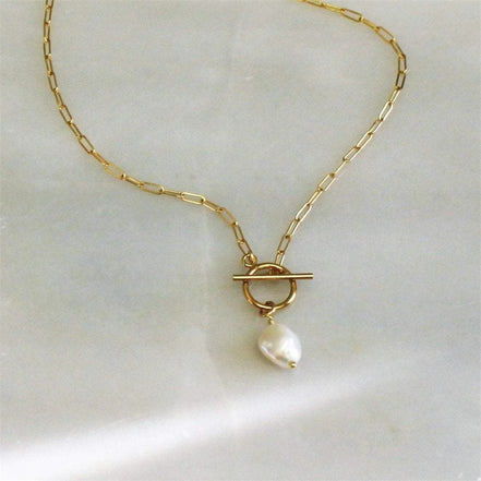 Pearl Toggle Link Necklace — Gold Tone in gold tone featuring pearl accent, product image 19
