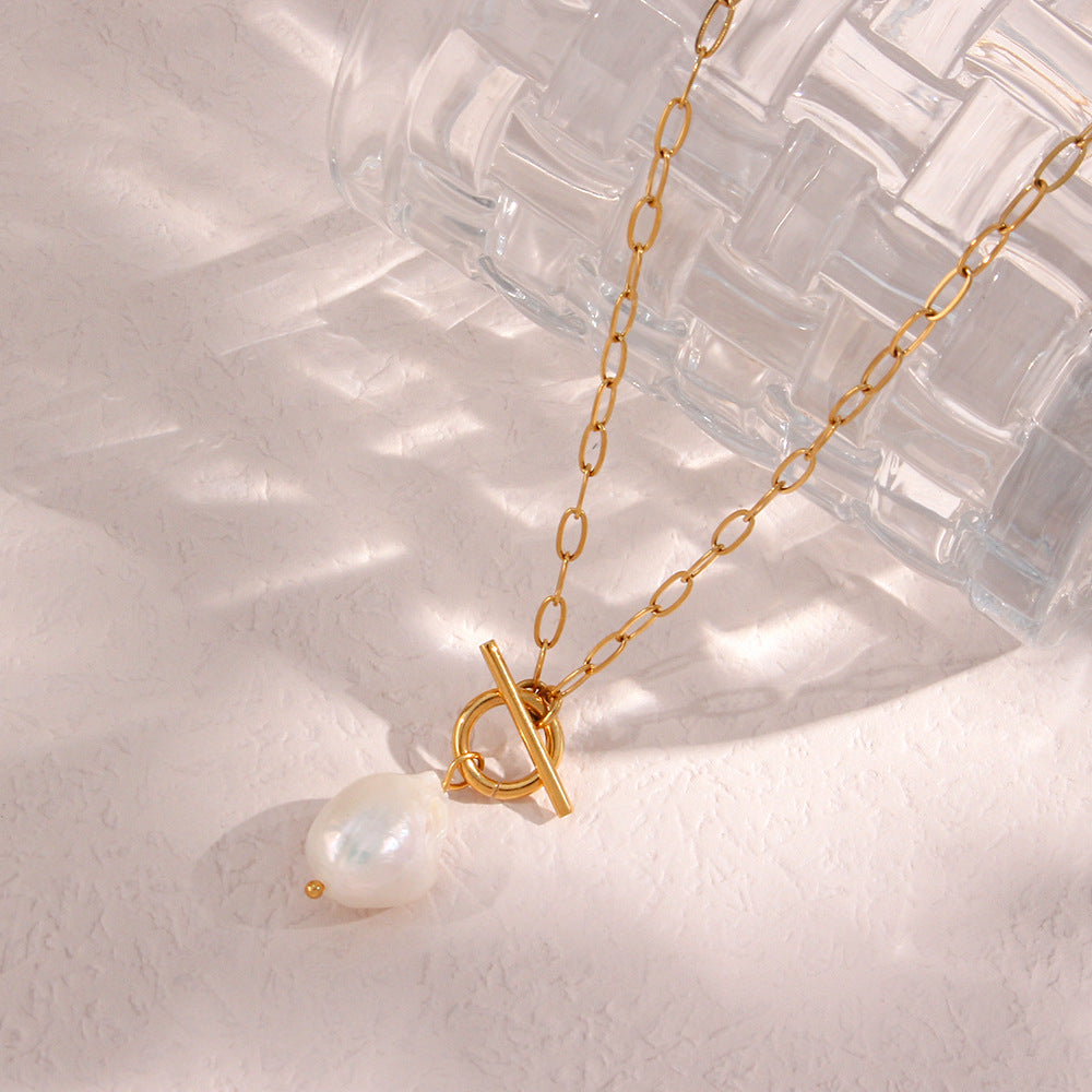 Pearl Toggle Link Necklace — Gold Tone in gold tone featuring pearl accent, product image 5