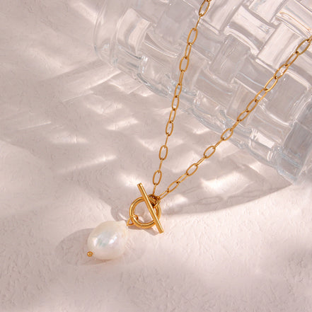 Pearl Toggle Link Necklace — Gold Tone in gold tone featuring pearl accent, product image 5