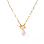 Pearl Toggle Link Necklace — Gold Tone in gold tone featuring pearl accent