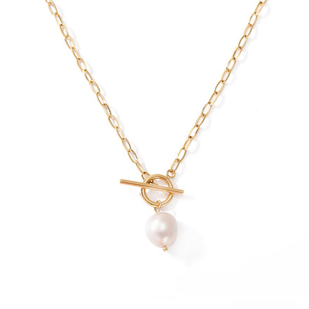 Pearl Toggle Link Necklace — Gold Tone in gold tone featuring pearl accent