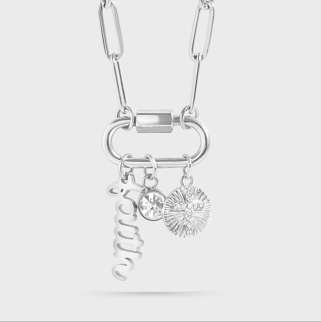 18K Gold PVD Stainless Steel Carabiner Faith Charm Paperclip Necklace