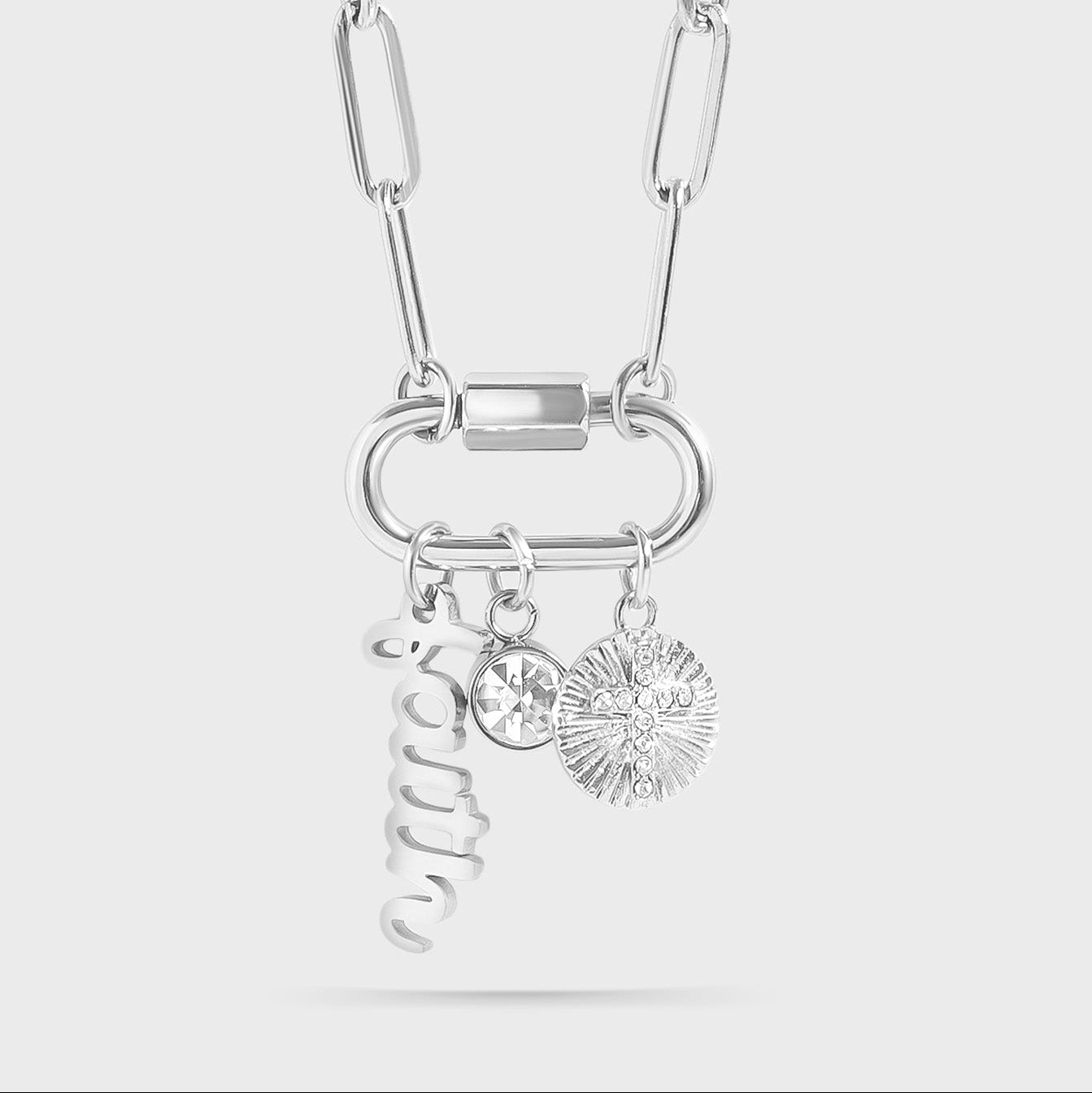 18K Gold PVD Stainless Steel Carabiner Faith Charm Paperclip Necklace